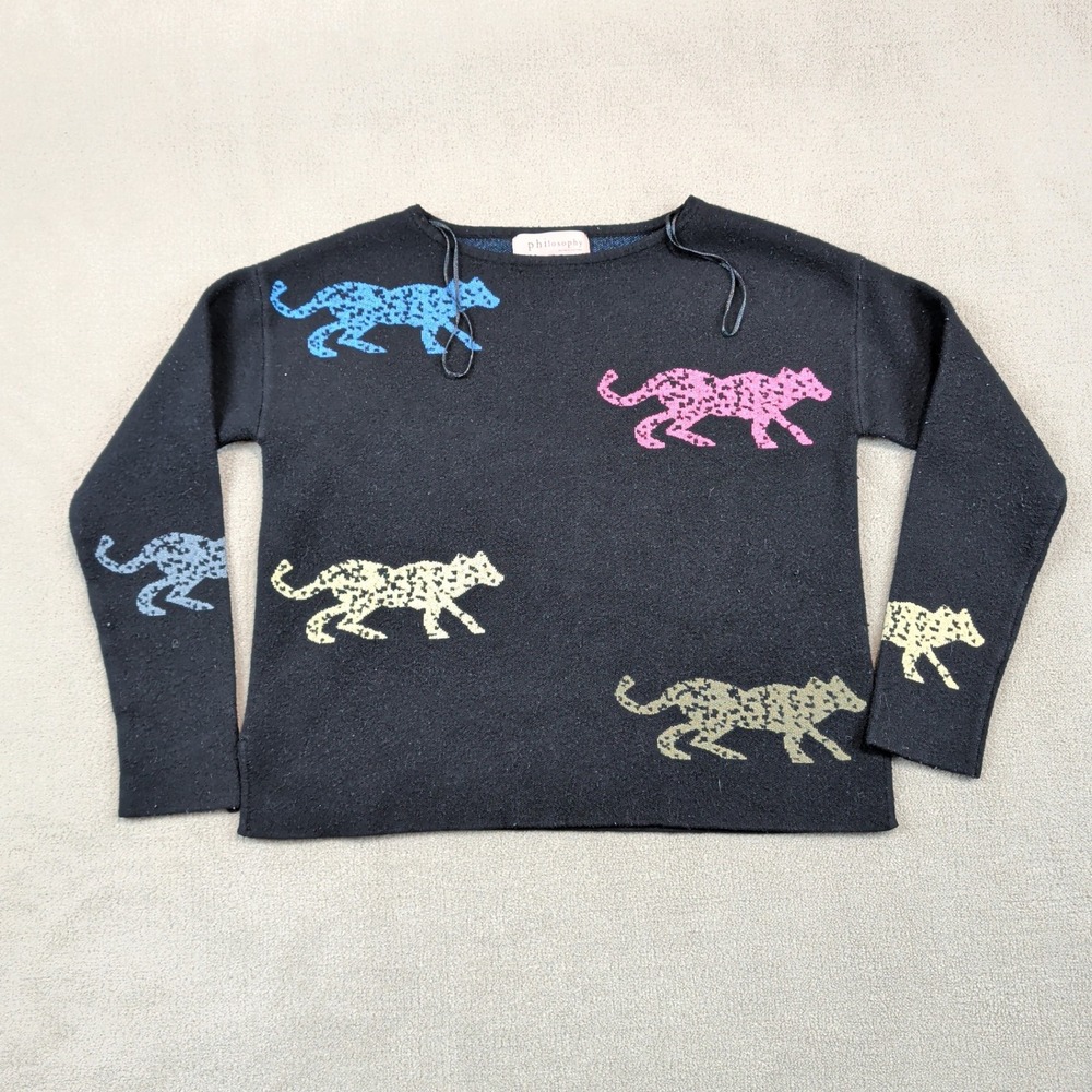 Philosophy Republic Clothing XS Women Black Multi Color Animal Print Sweater Top